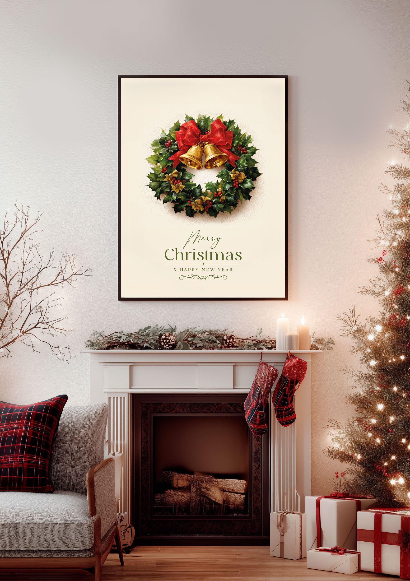 Affiche de Noël d'une couronne avec nœud rouge et typographie, dans un salon décorée