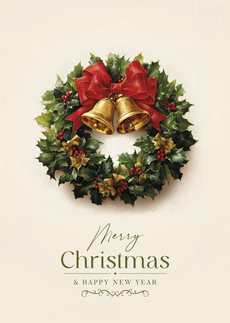 Affiche de Noël avec une couronne traditionnelle de noel, deux cloches doré et un nœug rouge
