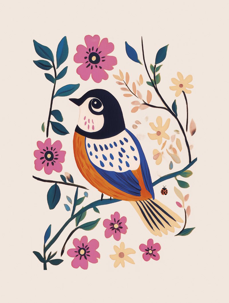 Mésange aux fleurs roses - Affiche Folk Art