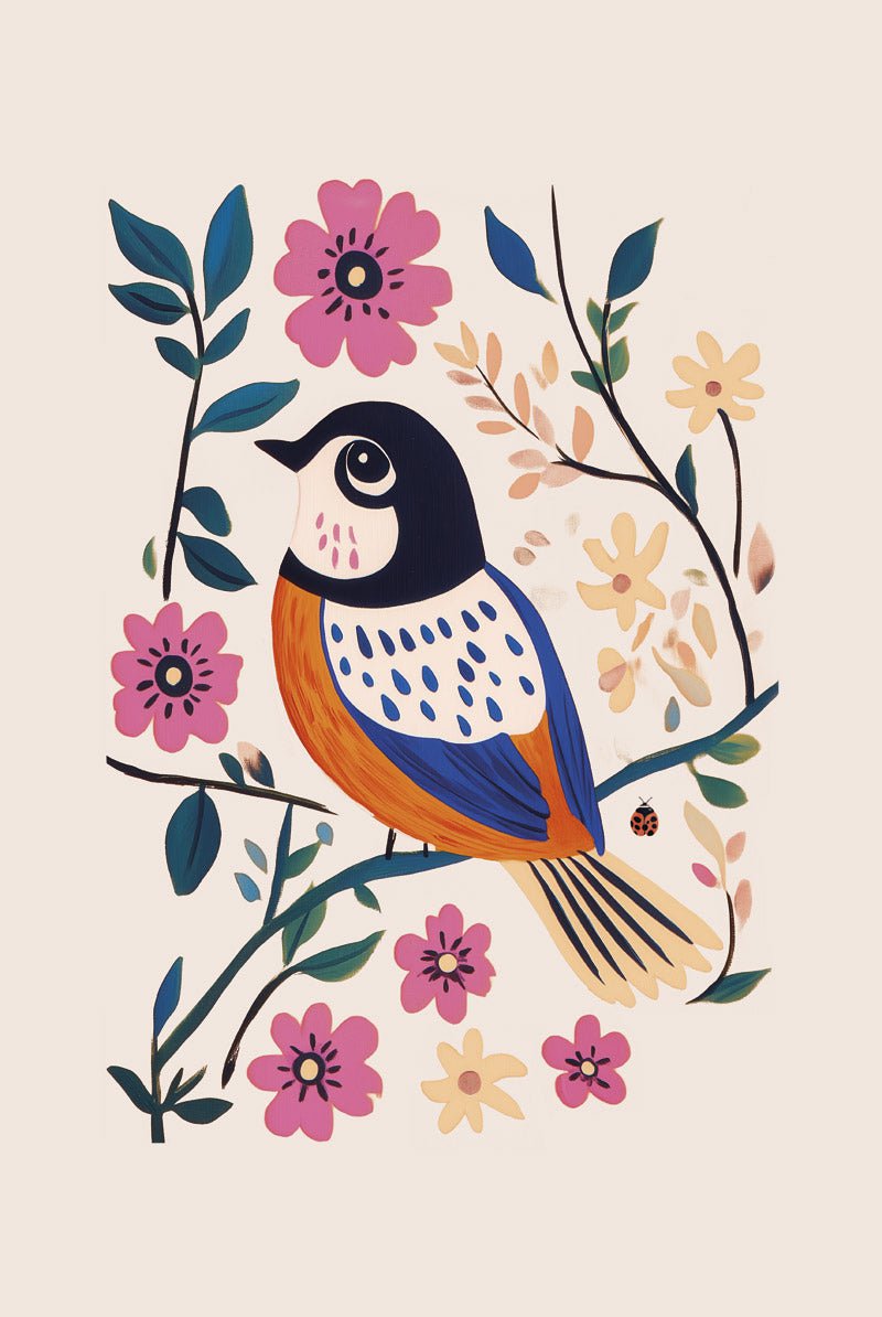Mésange aux fleurs roses - Affiche Folk Art