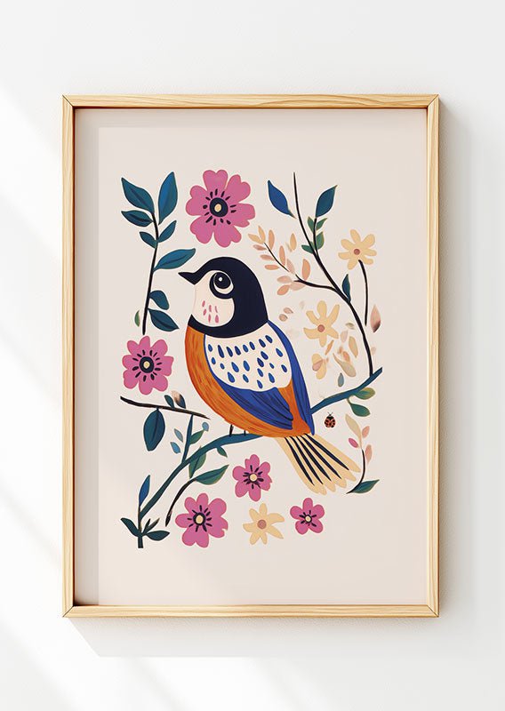 Affiche folk art d'une illustration d'une mésange bleue et orange dans un cadre en bois clair