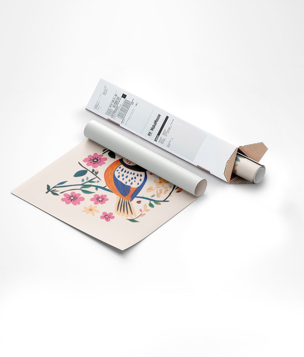 Poster de la mésange et fleurs roses dans un carton d'emballage triangulaire