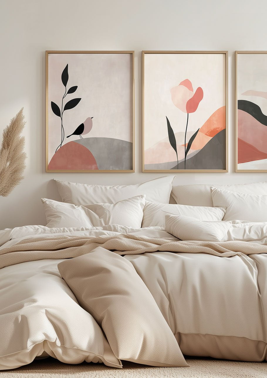 Affiche murale contemporaine Wabi-Sabi, de l'oiseau minimaliste encadrée dans une chambre.