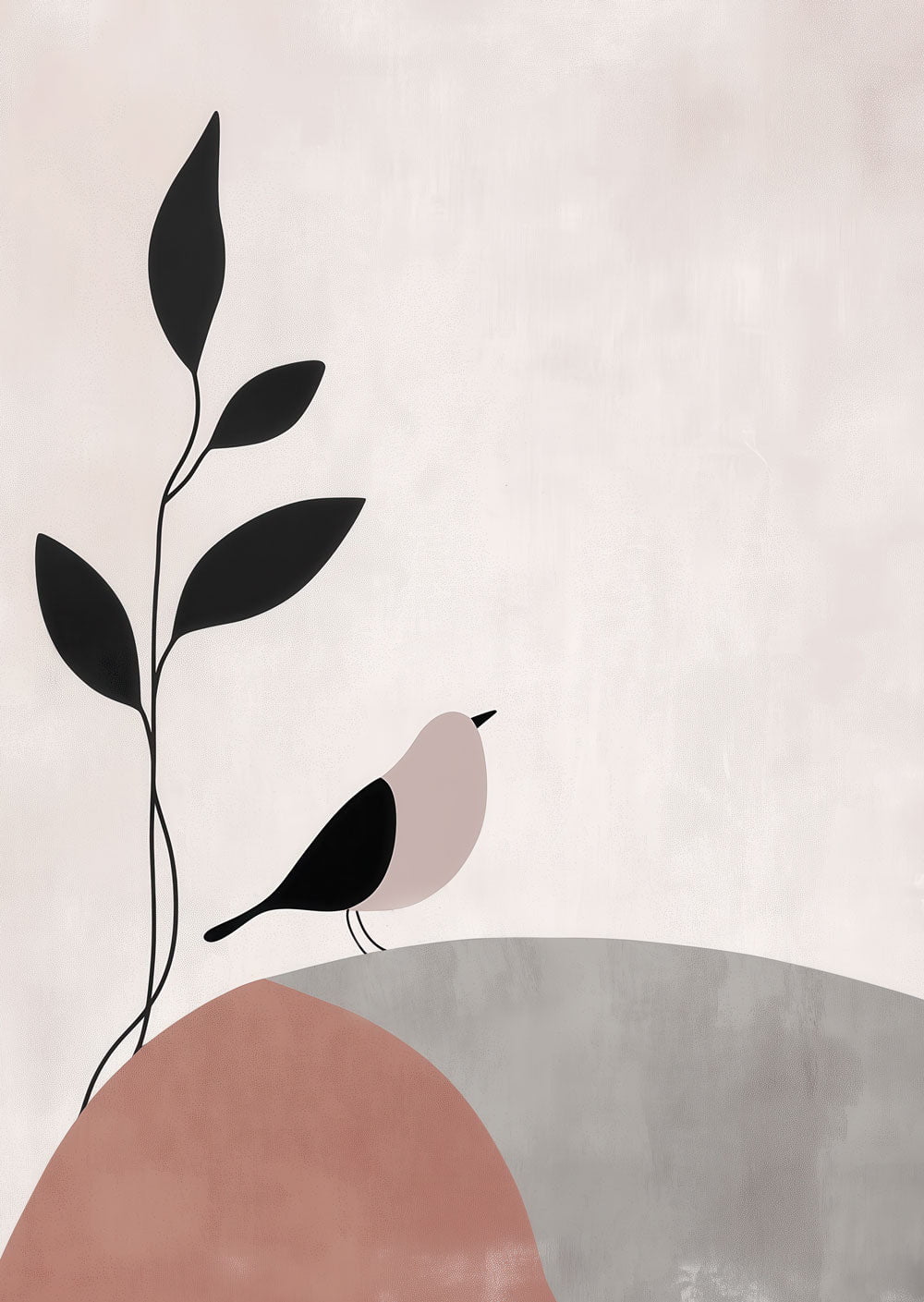 Affiche murale contemporaine Wabi-Sabi, représentant un oiseau minimaliste avec une branche.