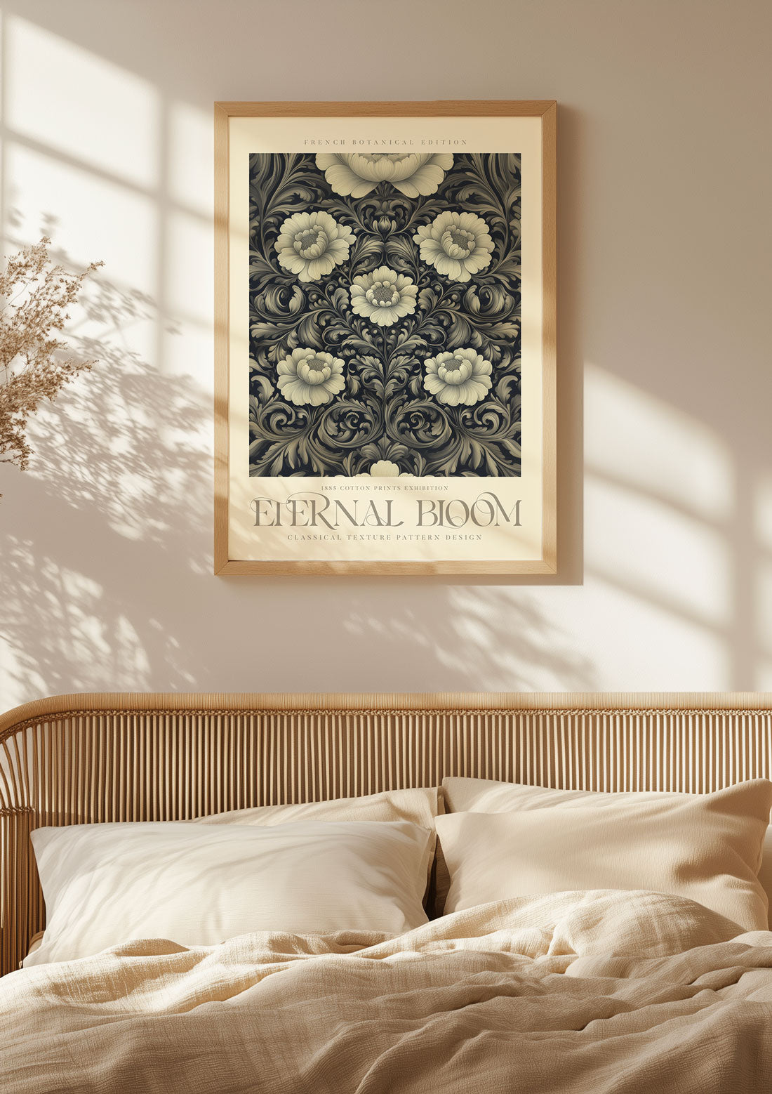 Affiche murale Williams Morris de fleurs écrues, entourées d’un feuillage, sur un mur dans une chambre.