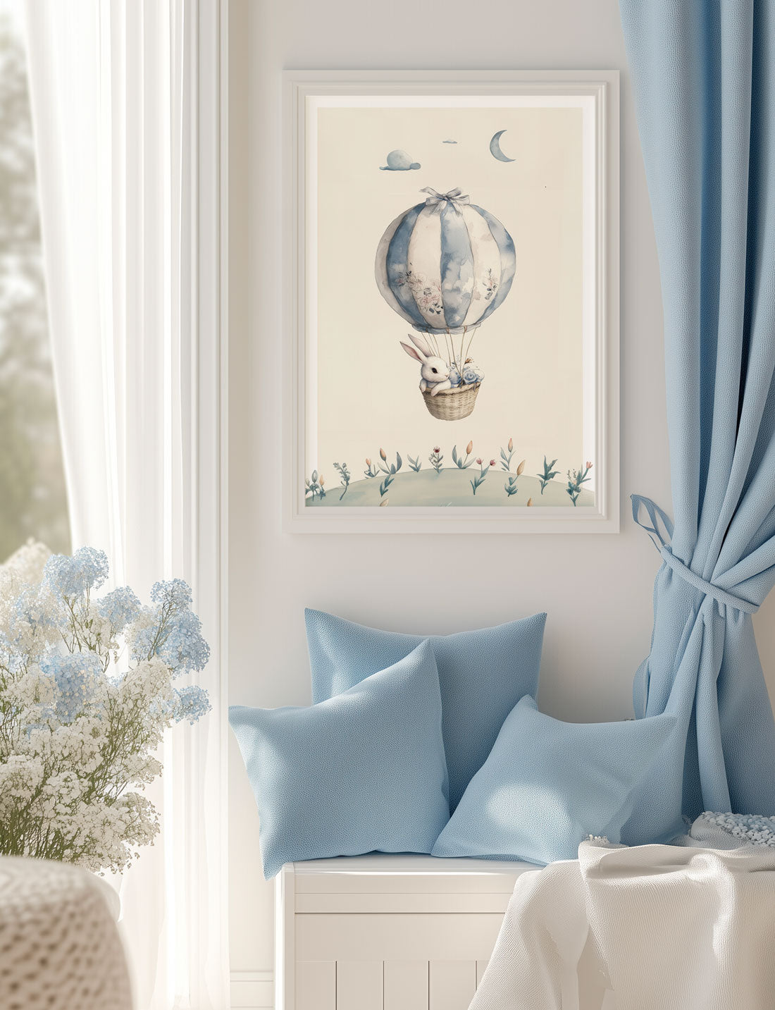 Affiche pour chambre bébé lapin dans montgolfière encadrée dans une chambre.