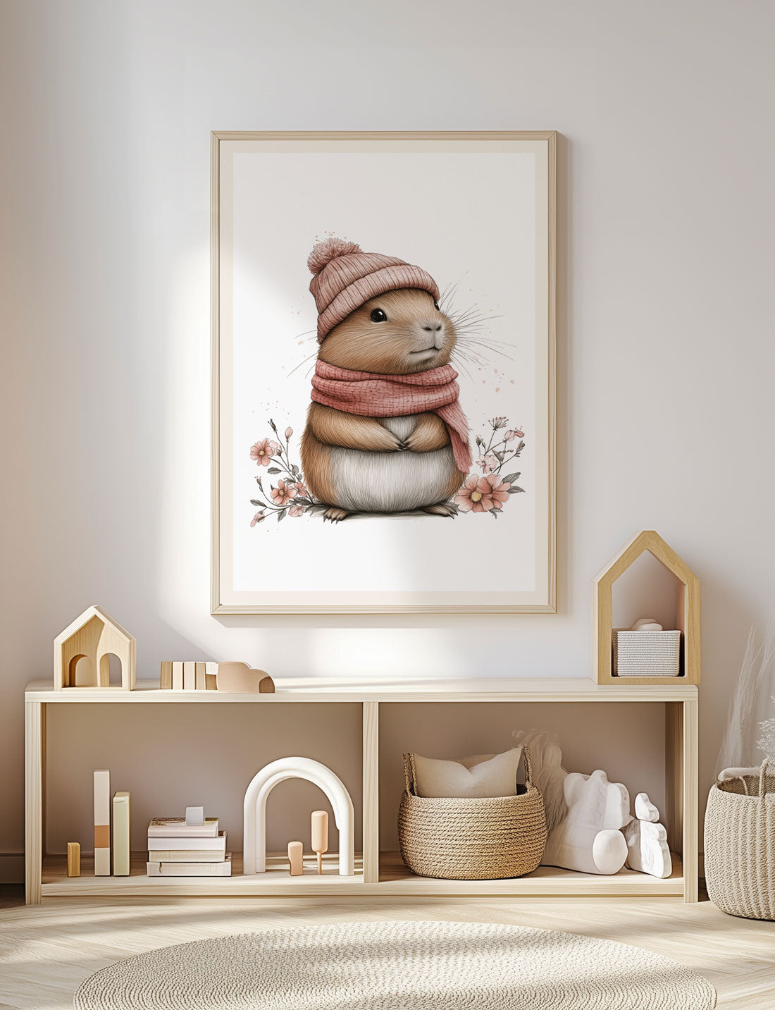 Affiche chambre enfant capybara avec bonnet et écharpe encadrée dans une chambre