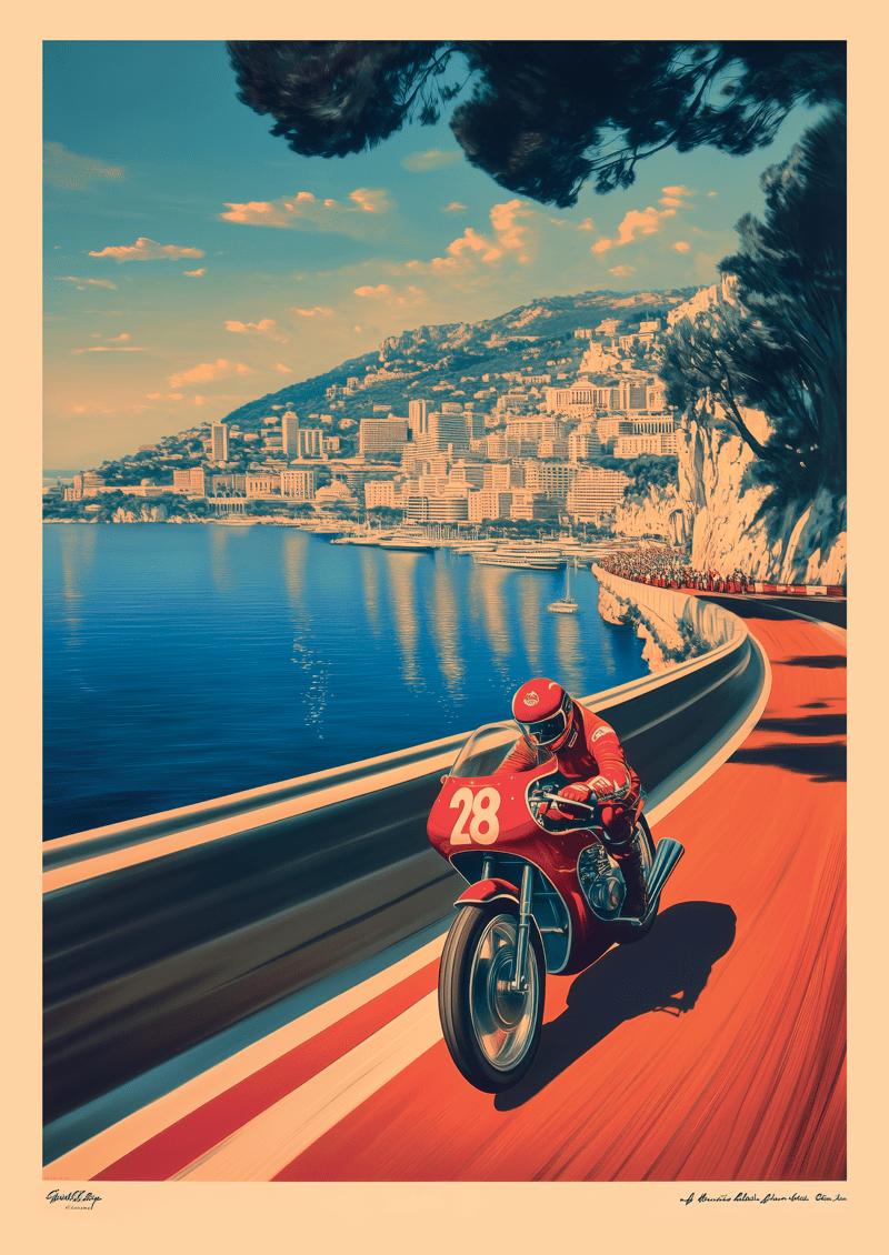 Affiche vintage illustrée d'une course de moto sur les routes sinueuses de Monaco.