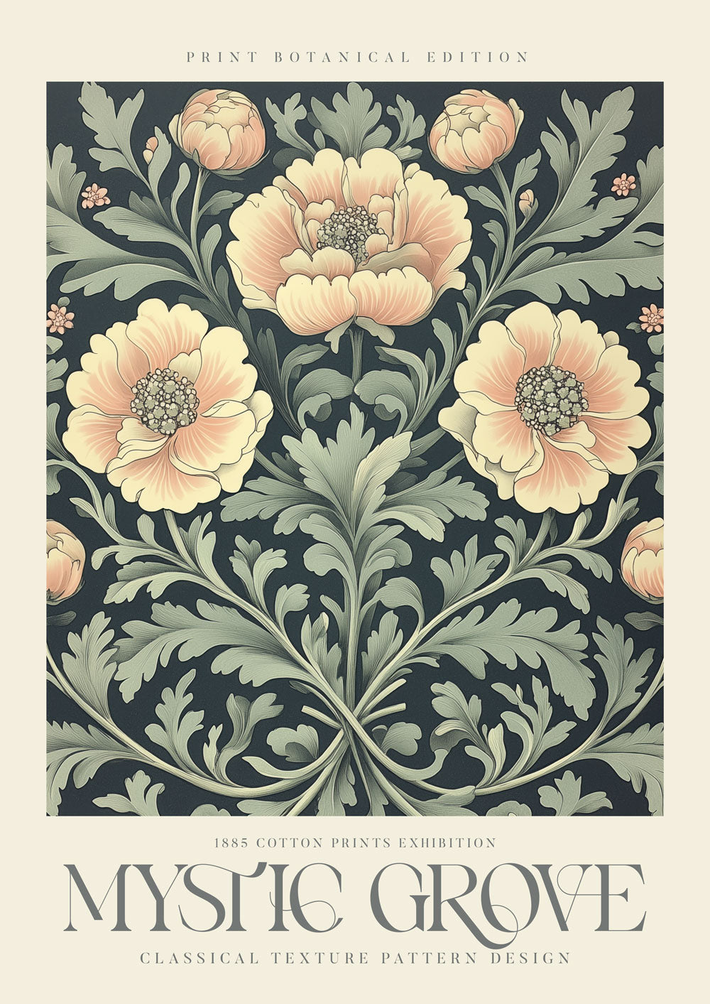Affiche murale William Morris, dessin de tapisserie de fleurs roses sur un fond vert, avec le texte "Mystic Grove".