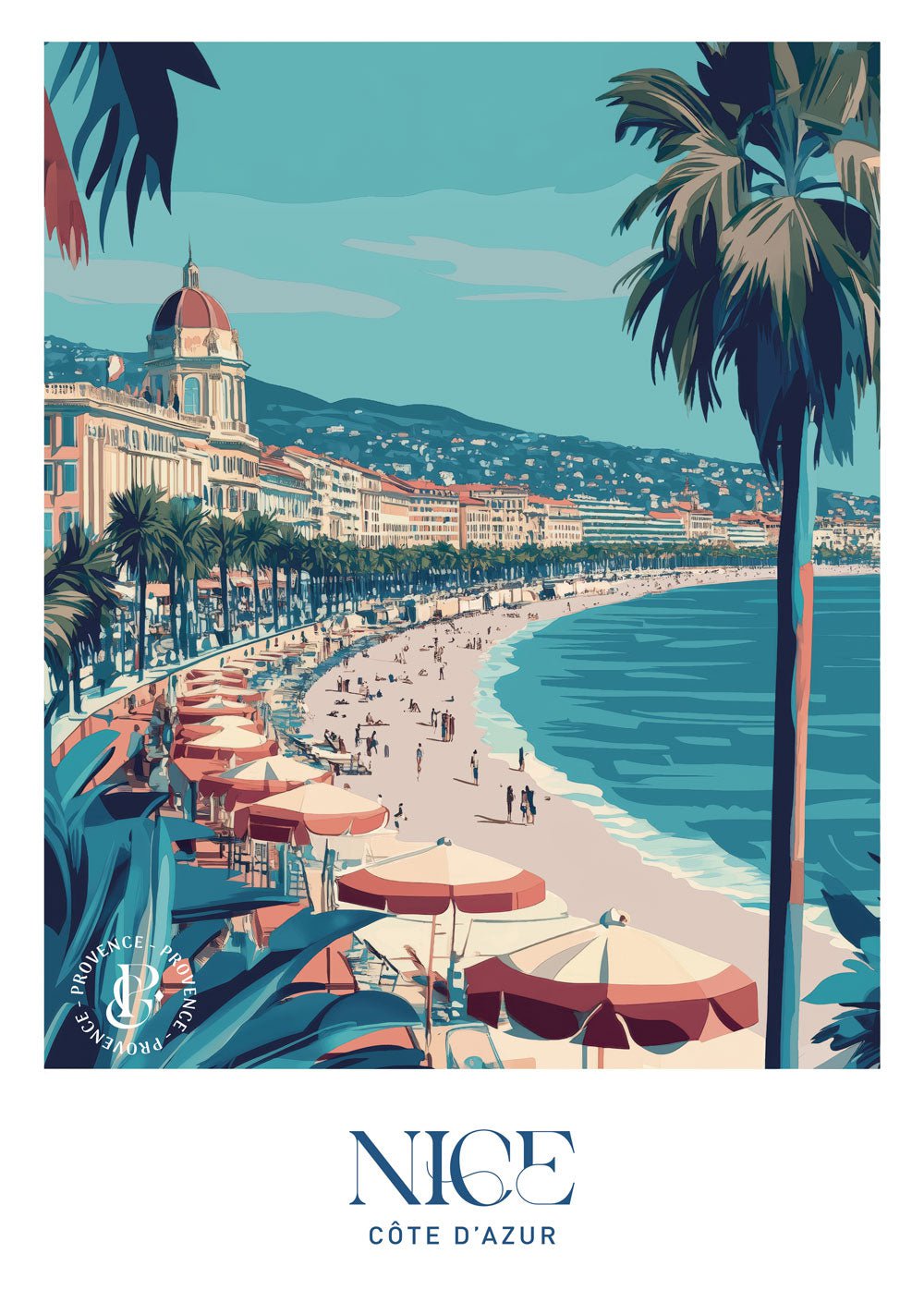 Affiche vintage illustrée de la Promenade des Anglais, à Nice.