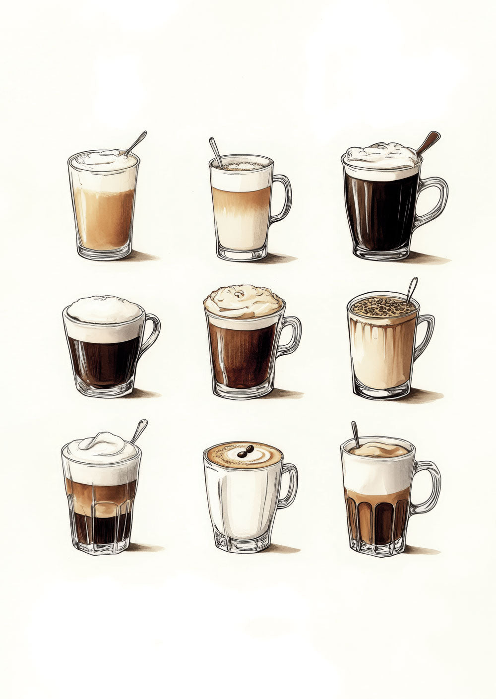 Affiche cuisine à l'aquarelle de neuf tasses de différents cafés latte sur fond blanc.