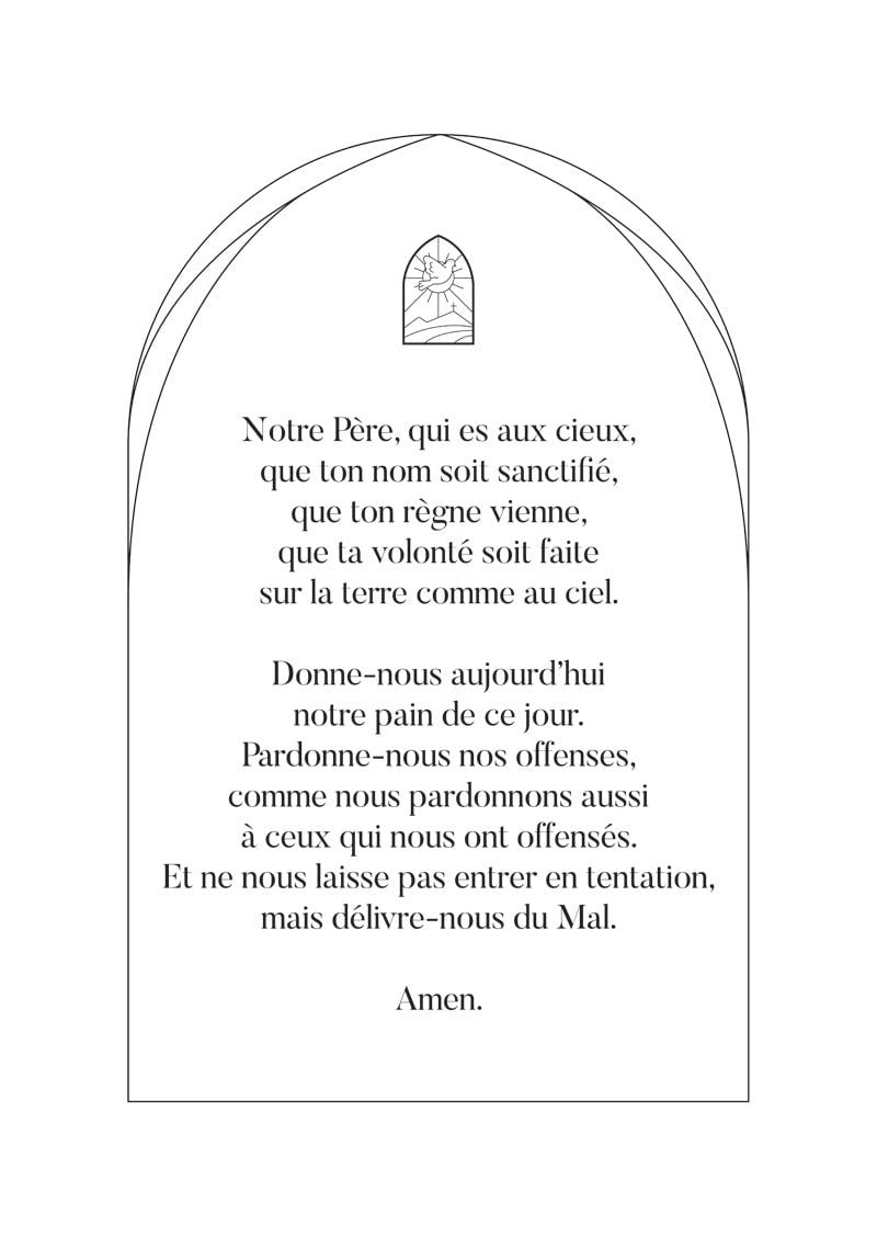 Affiche chrétienne illustrant le "notre père" écrit au centre d'une voute, avec un médaillon vitrail
