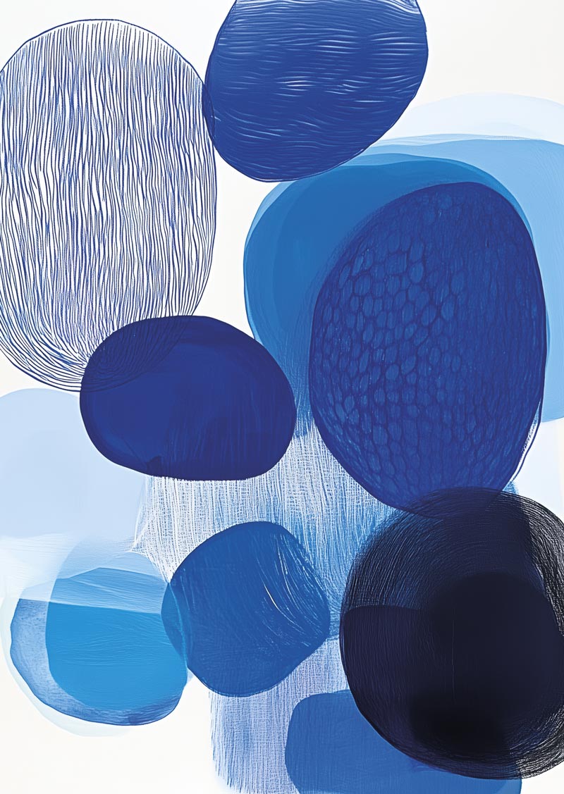 Affiche contemporaine de formes abstraites bleue, superposées
