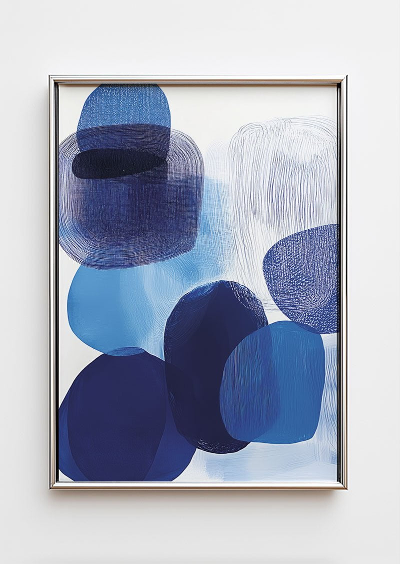 Poster contemporain et abstrait dans un cadre chrome, composées de formes bleues