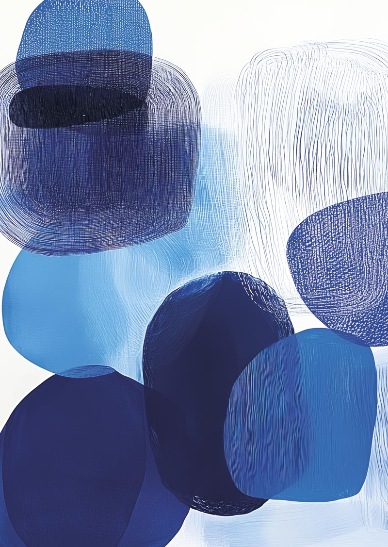 Affiche contemporaine et abstraite composées de formes texturées, bleues