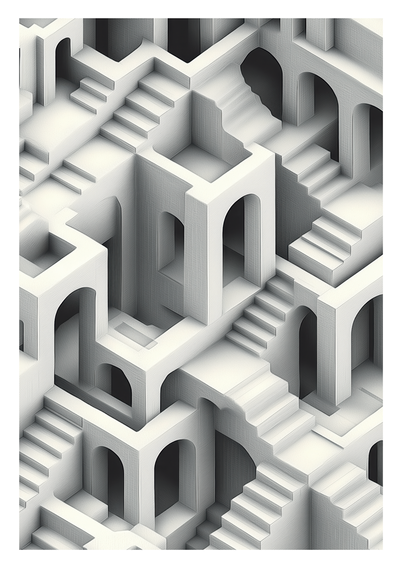 Affiche murale contemporaine faite d'arches et d'escaliers blancs.
