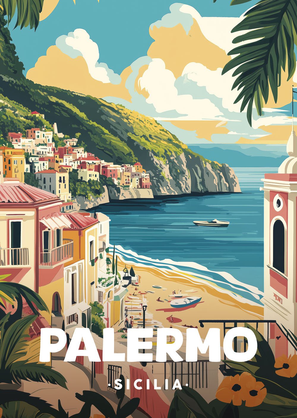 Affiche ville italie d'une illustration de Palerme, montrant la mer