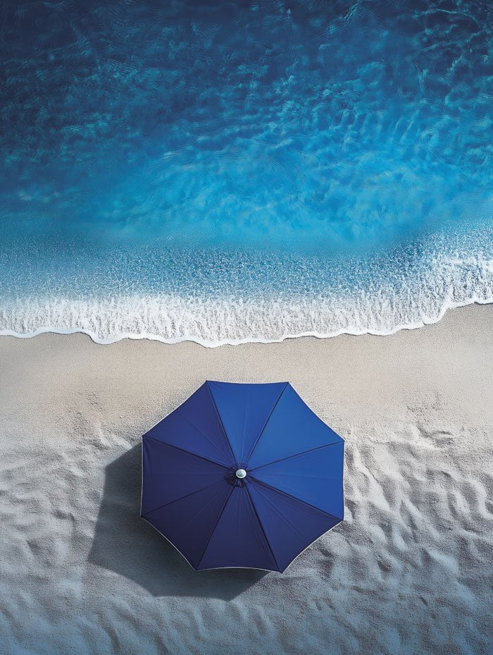Poster mer et plage parasol bleu et mer en taille 30x40 cm