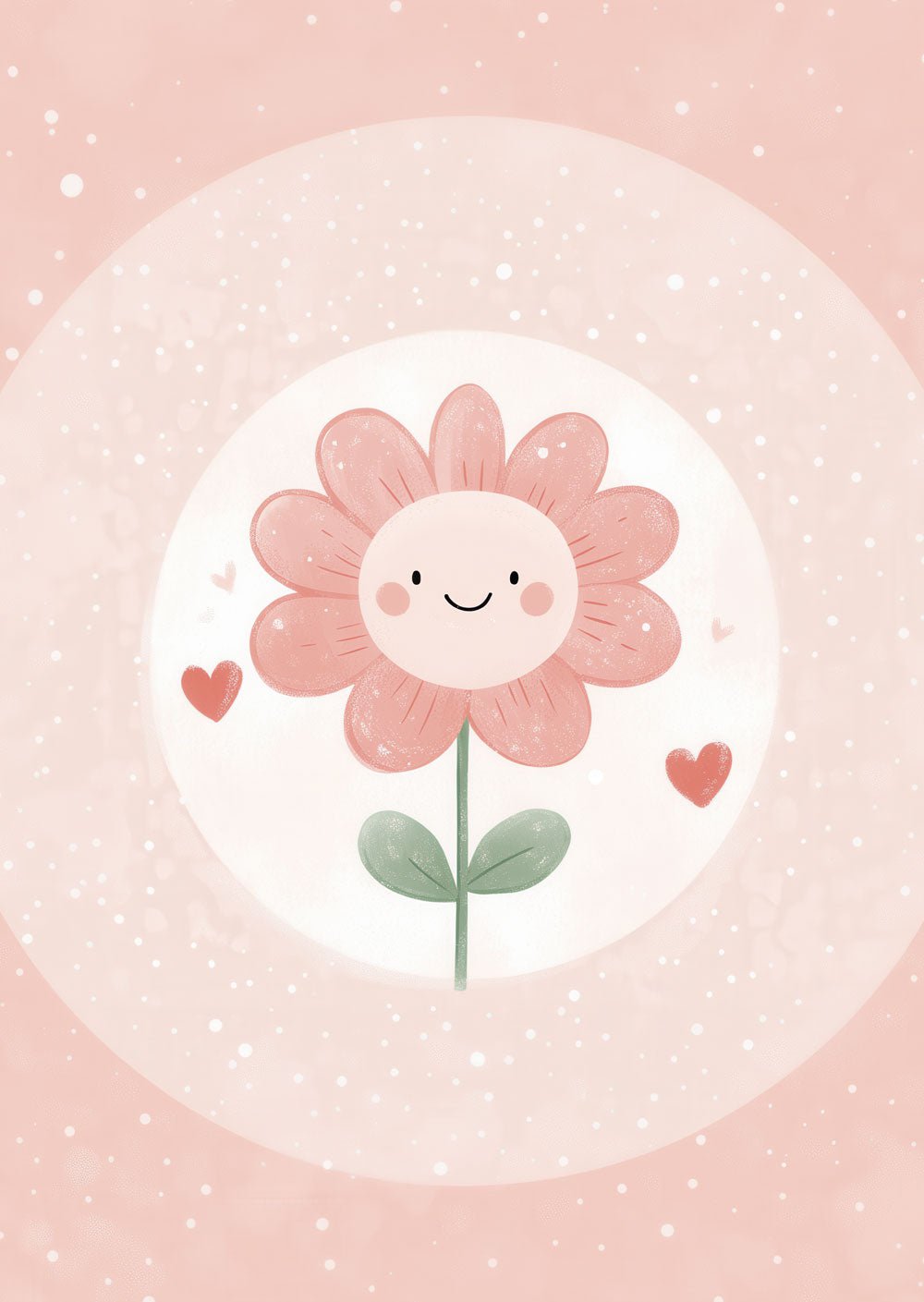Affiche pour chambre bébé d'une fleure rose souriante sur fond rose pale.