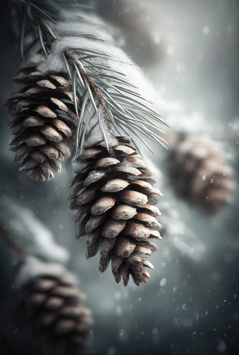 Affiche hiver illustrée pommes de pin sur branche de sapin enneigée en taille 40x60cm