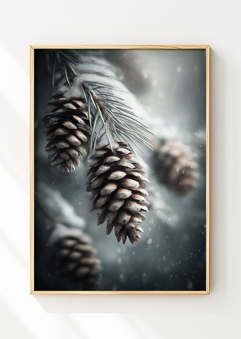 Affiche de noel représentant des pommes de pin sur une branche dans un cadre en bois