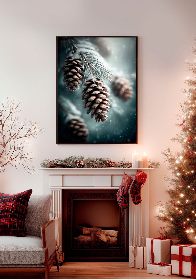 Affiche de noel des pommes de pin en gros plan encadrée dans un salon décorée