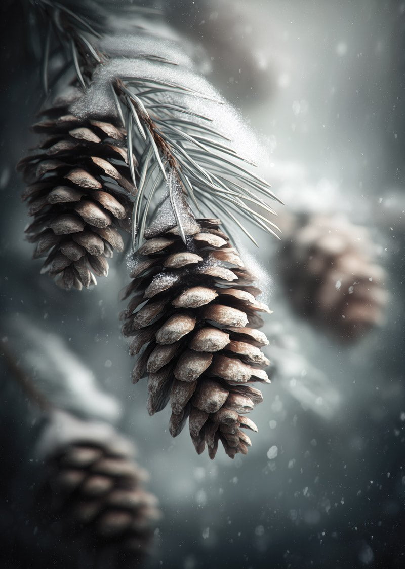 Affiche de noel illustrant en gros plan des pommes de pin sur une branche enneigée