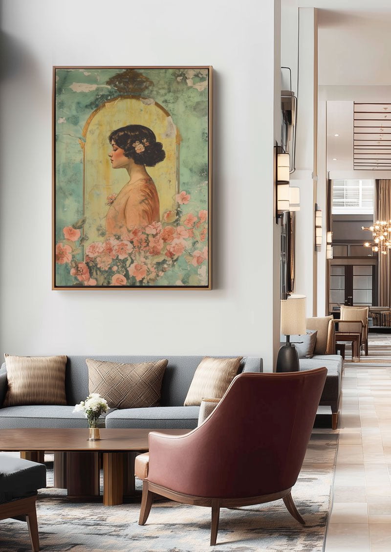 Poster Art Déco 1930 d'un portrait romantique d'une femme accroché dans un hotel