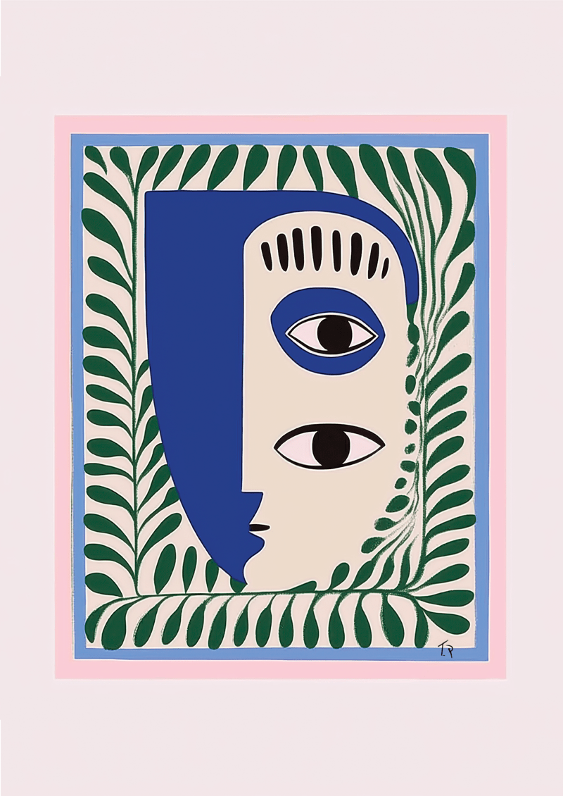 Affiche murale abstraite d'un visage aux tons bleus et crèmes, bordé de palmes vert profond.