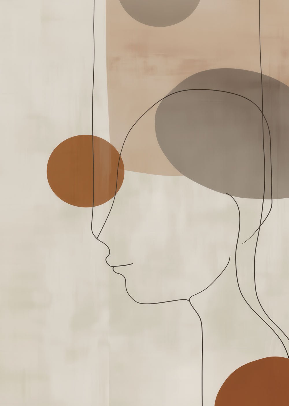 Une affiche murale contemporaine représentant un portrait minimaliste aux couleurs terre.