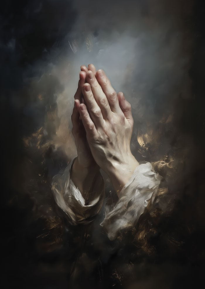 Poster chrétien mains en prière sur un fond sombre, en peinture