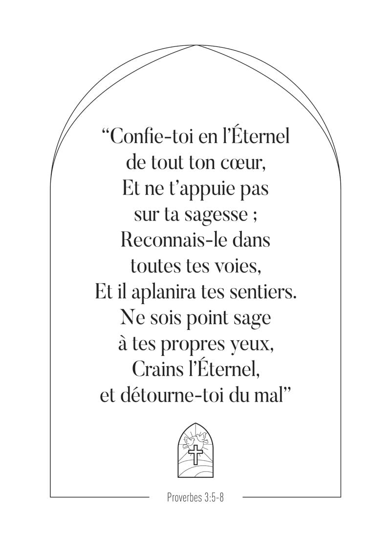 Poster religion du verset 3:5-8 en typo noir dans une arche avec un logo vitrail