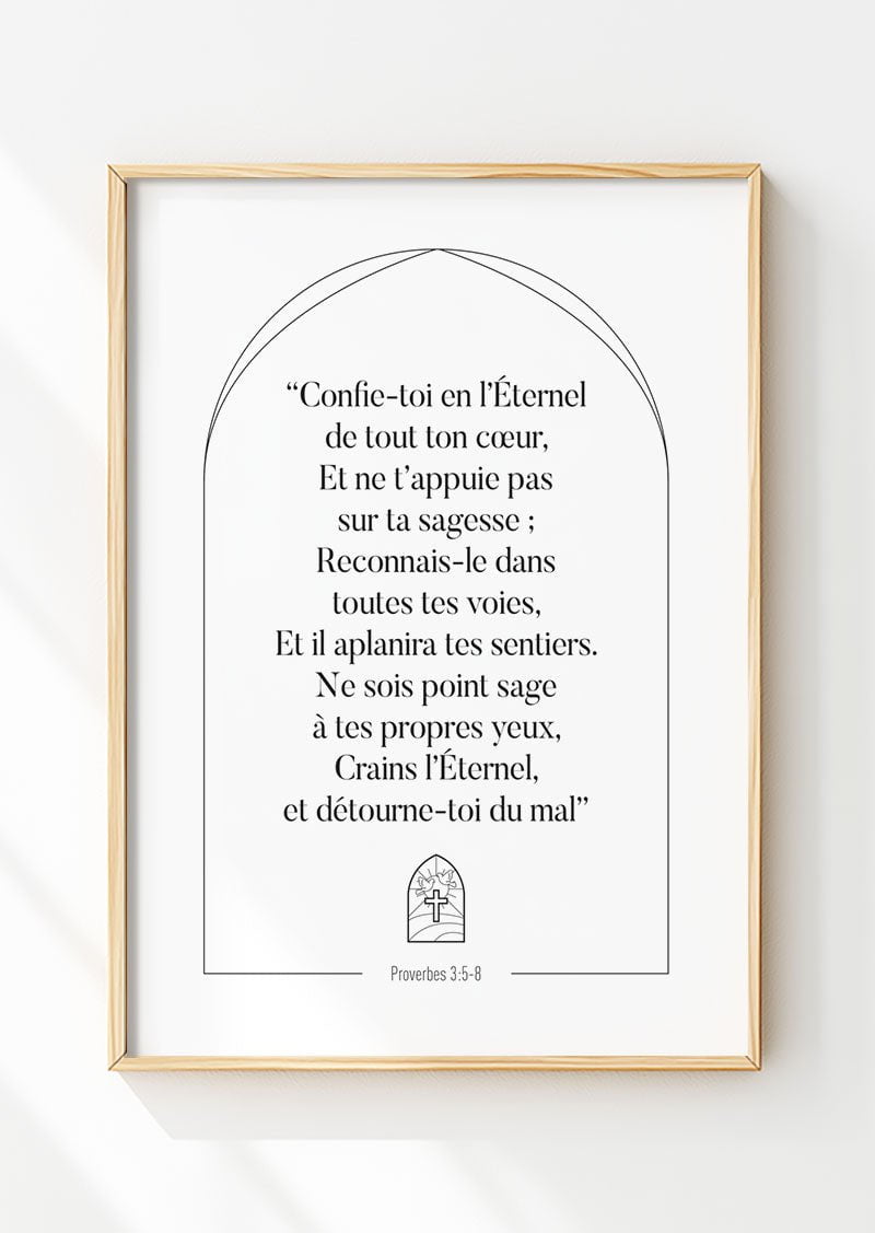 Affiche chrétienne du verset de la bible Proverbes 3:5-8 dans un cadre en bois