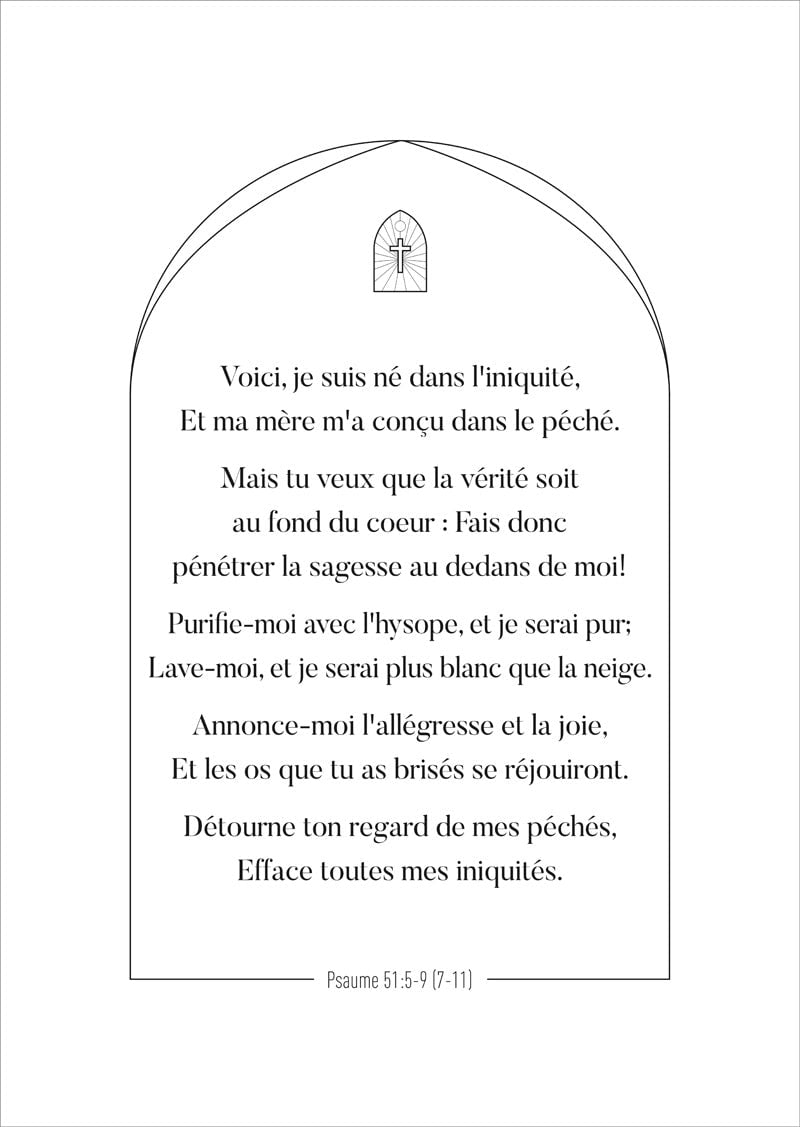Affiche chrétienne du psaume 51:5-9 en typo noir sur fond blanc, dans une vo^te avec un médaillon
