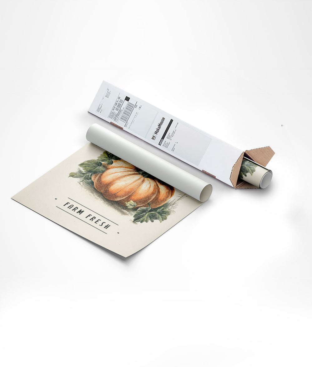 emballage dans un carton triangulaire de l'affiche typographie "farm fresh" et citrouille