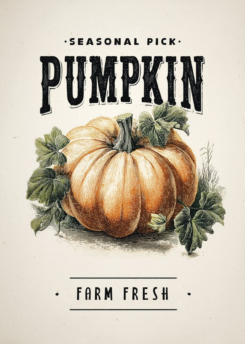 Affiche automne illustration d'une citrouille avec ses feuilles et texte en noir, "pumpkin" et "farm fresh"
