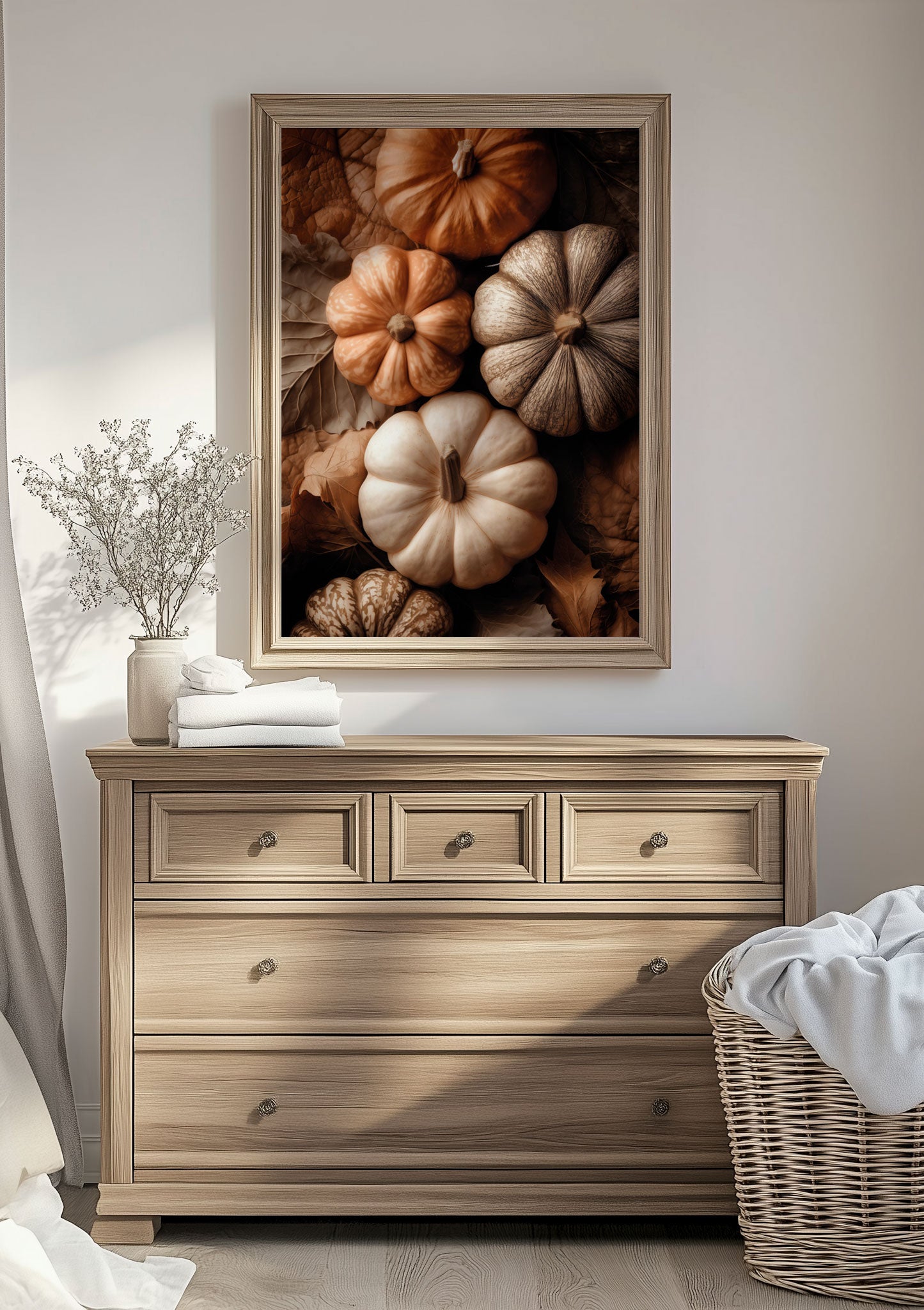 Affiche automne d'une photographie de citrouilles et feuilles séchées, sur un mur