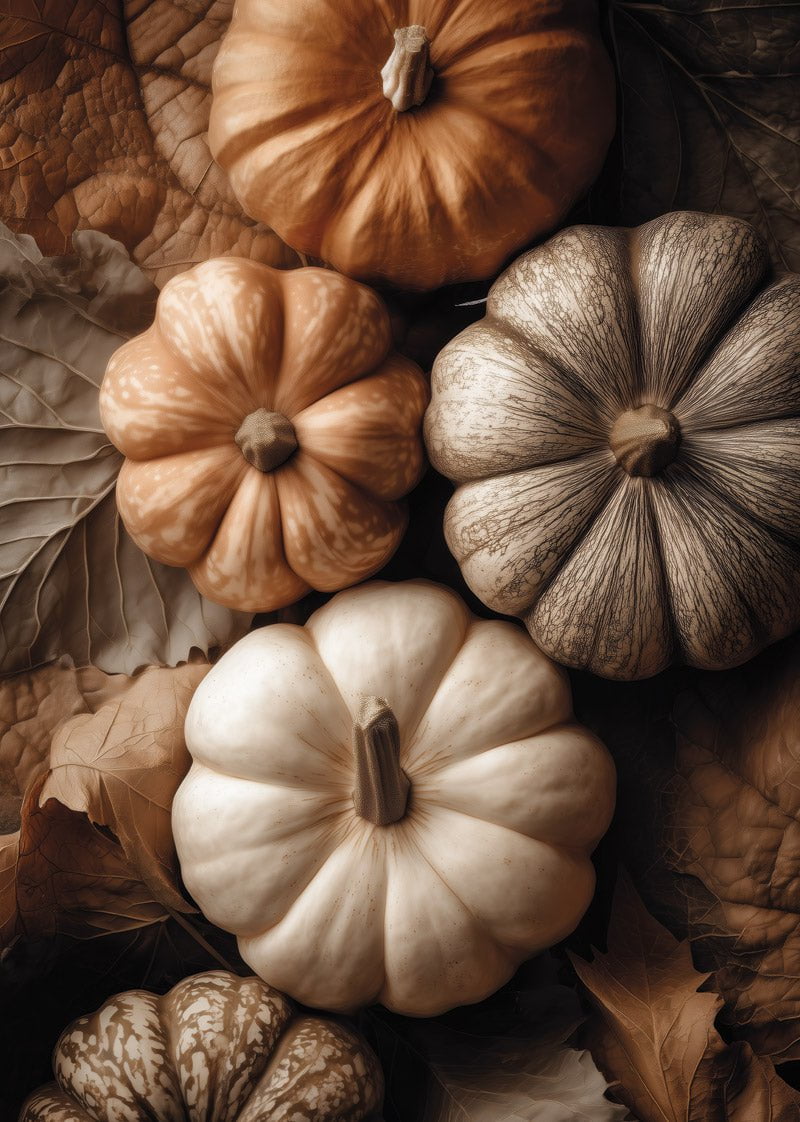 Affiche automne d'une photographie de citrouilles et de feuilles séchées