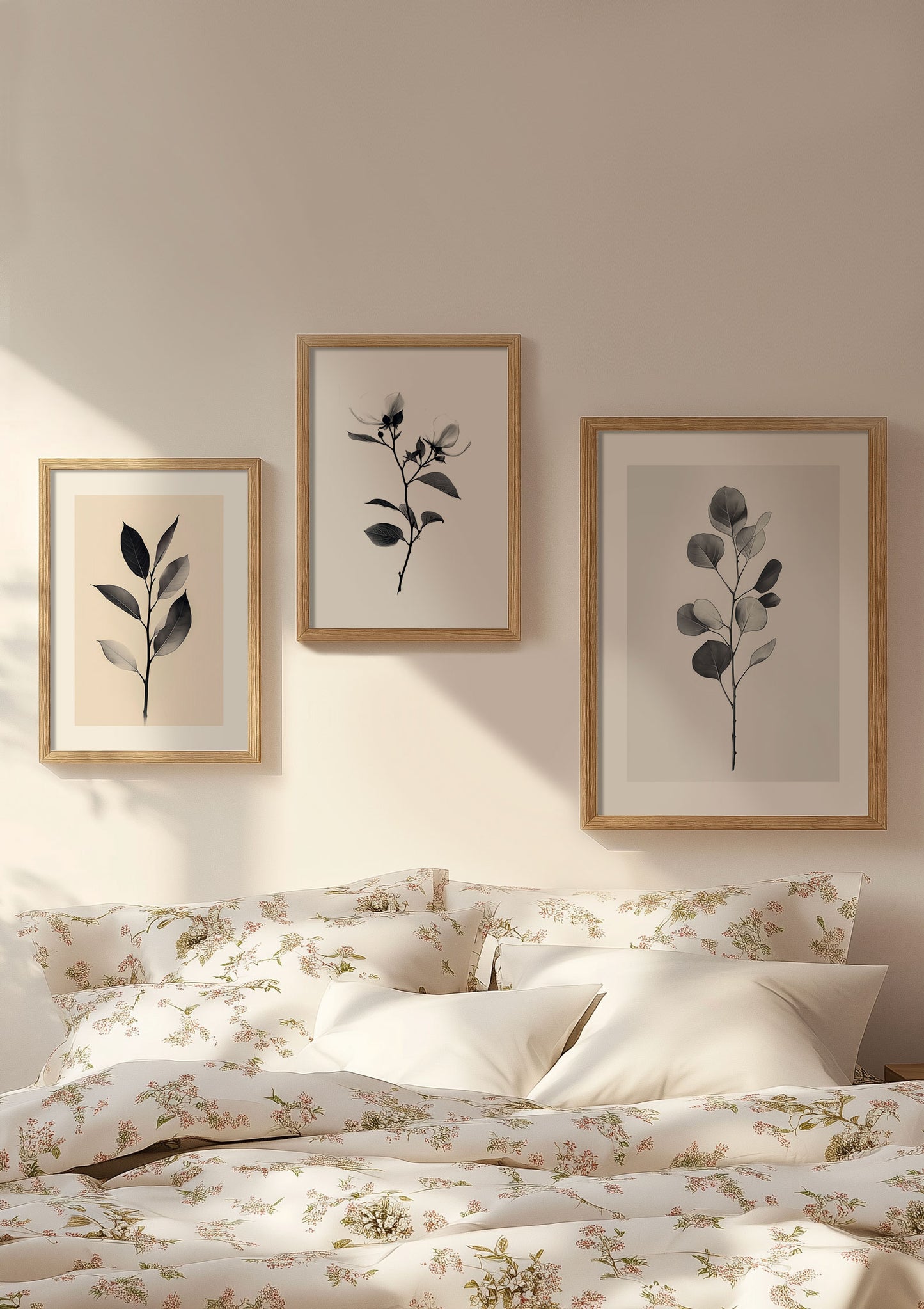 Trio d'affiches florales dans des cadres en bois, au dessus d'un lit.