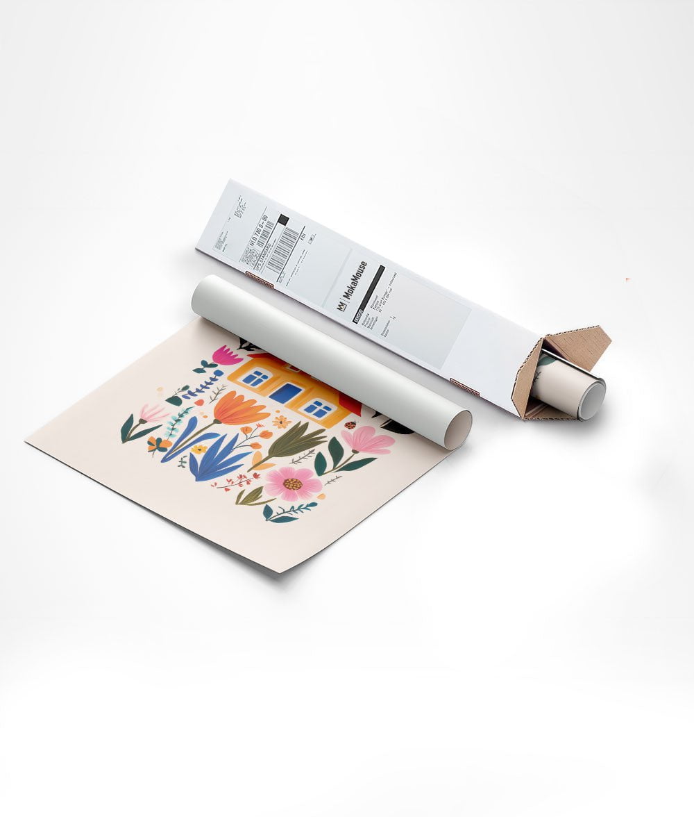Poster maison orange et fleurs colorées dans un carton d'emballage triangulaire