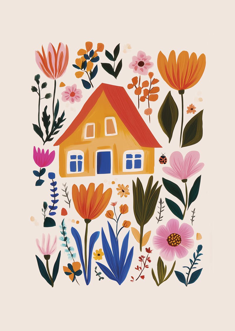 Affiche folk art d'une illustration d'une maison orange entourée de fleurs de différentes couleurs