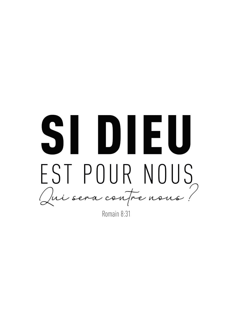Affiche chrétienne du verset de la bible Romains 8:31 "si dieu est pour nous..." en typographie noire