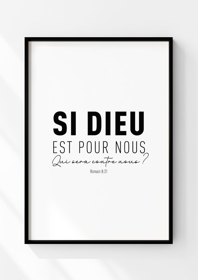 Affiche chrétienne du verset de la bible Romains 8:31 dans un cadre noir