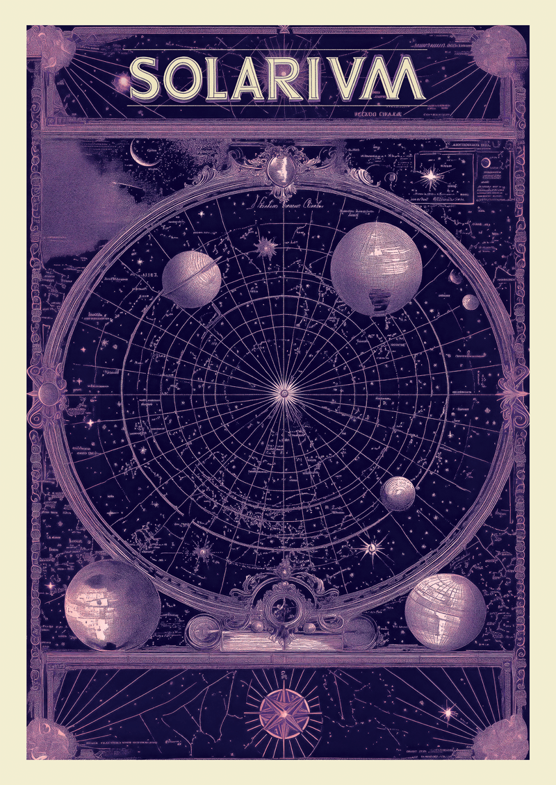 Affiche vintage d'une cartographie céleste imaginaire "solarium" dans des tons pourpres.