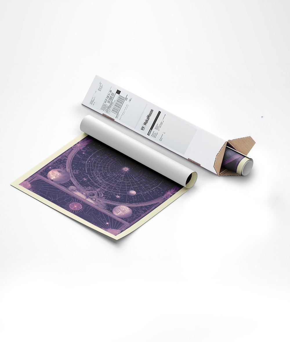 Affiche cartographie céleste imaginaire pourpre emballée dans un carton triangle.