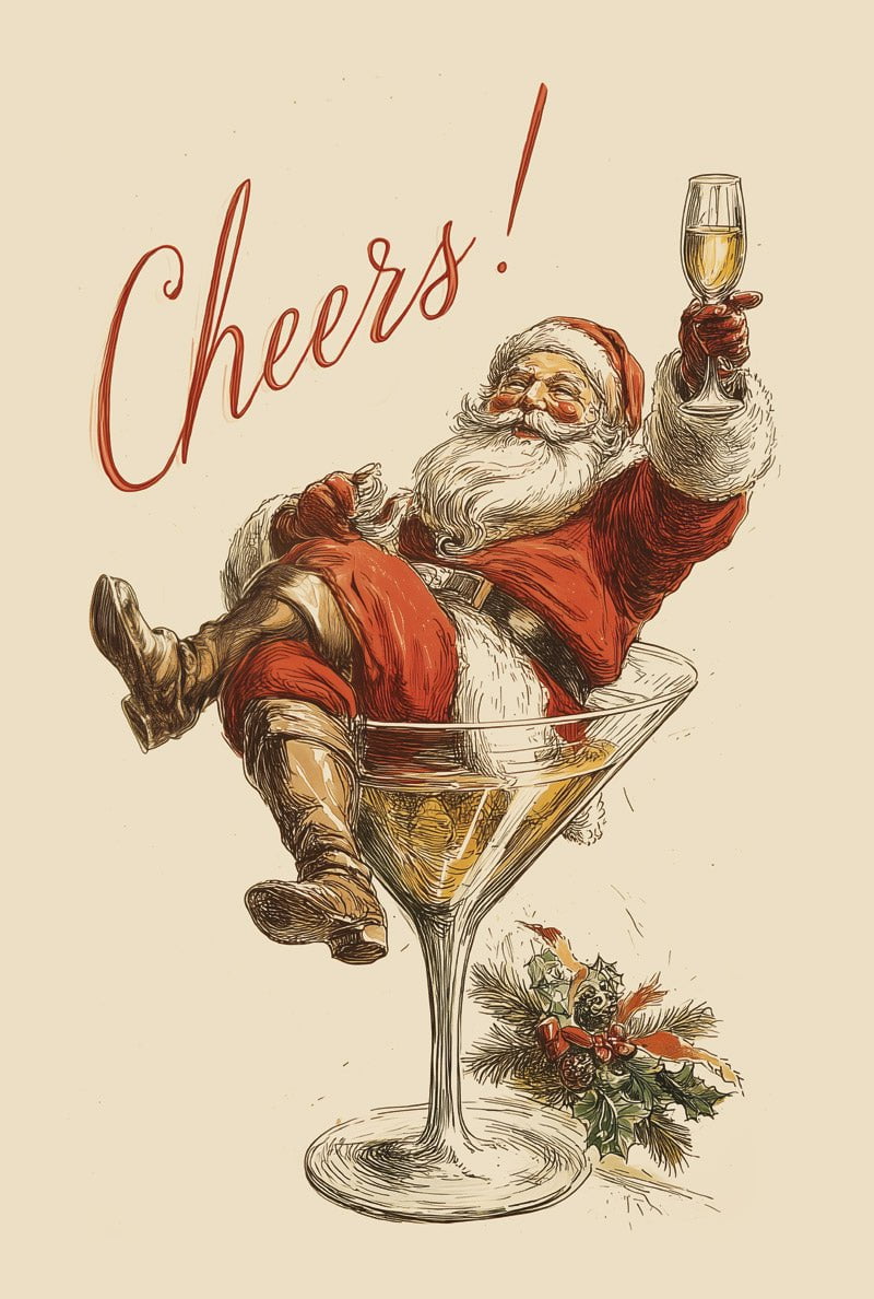 Format 40x60 cm du poster fête de noel du père noel dans un verre avec le texte "cheers!"