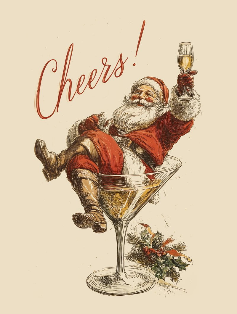 Poster de Noel représentant le père noel dans un verre, en format 30x40cm