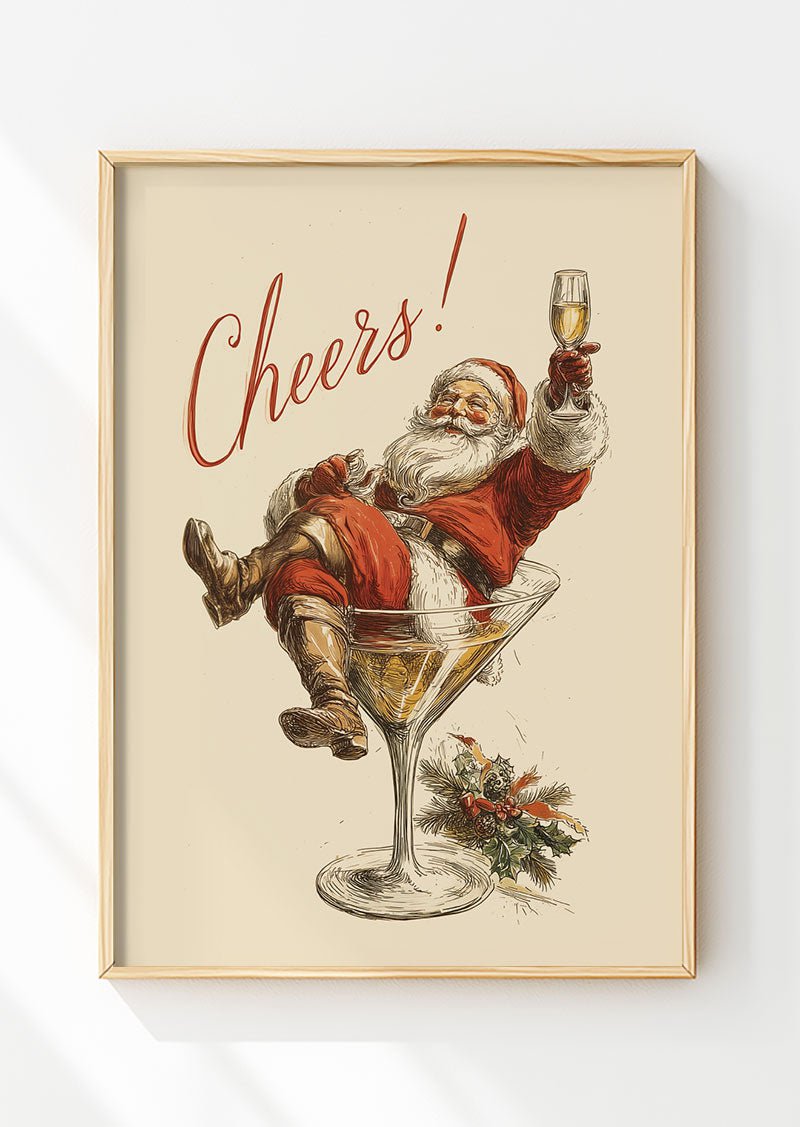 Affiche de noel du père noel dans un verre de martini avec le texte "cheers" dans un cadre