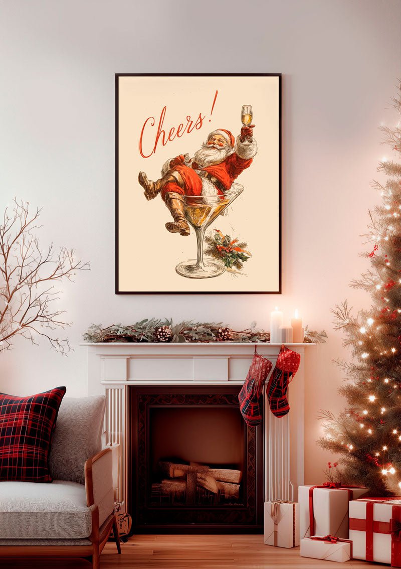 Affiche de noel du père noel dans un style retro, dans un verre à martini, accrochée au mur