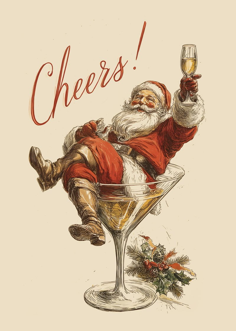 Affiche de Noel représentant le père noel dans un verre de martini, avec le mot "cheers" en rouge